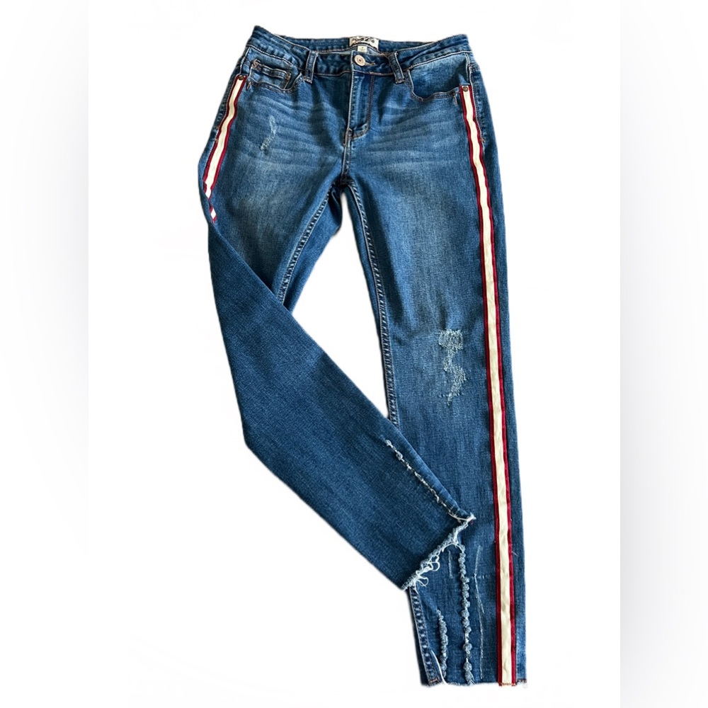 DENIM BLVD LOS ANGELES Skinny W/Red & White Side Stripes Juniors 7 Jeans 30x27